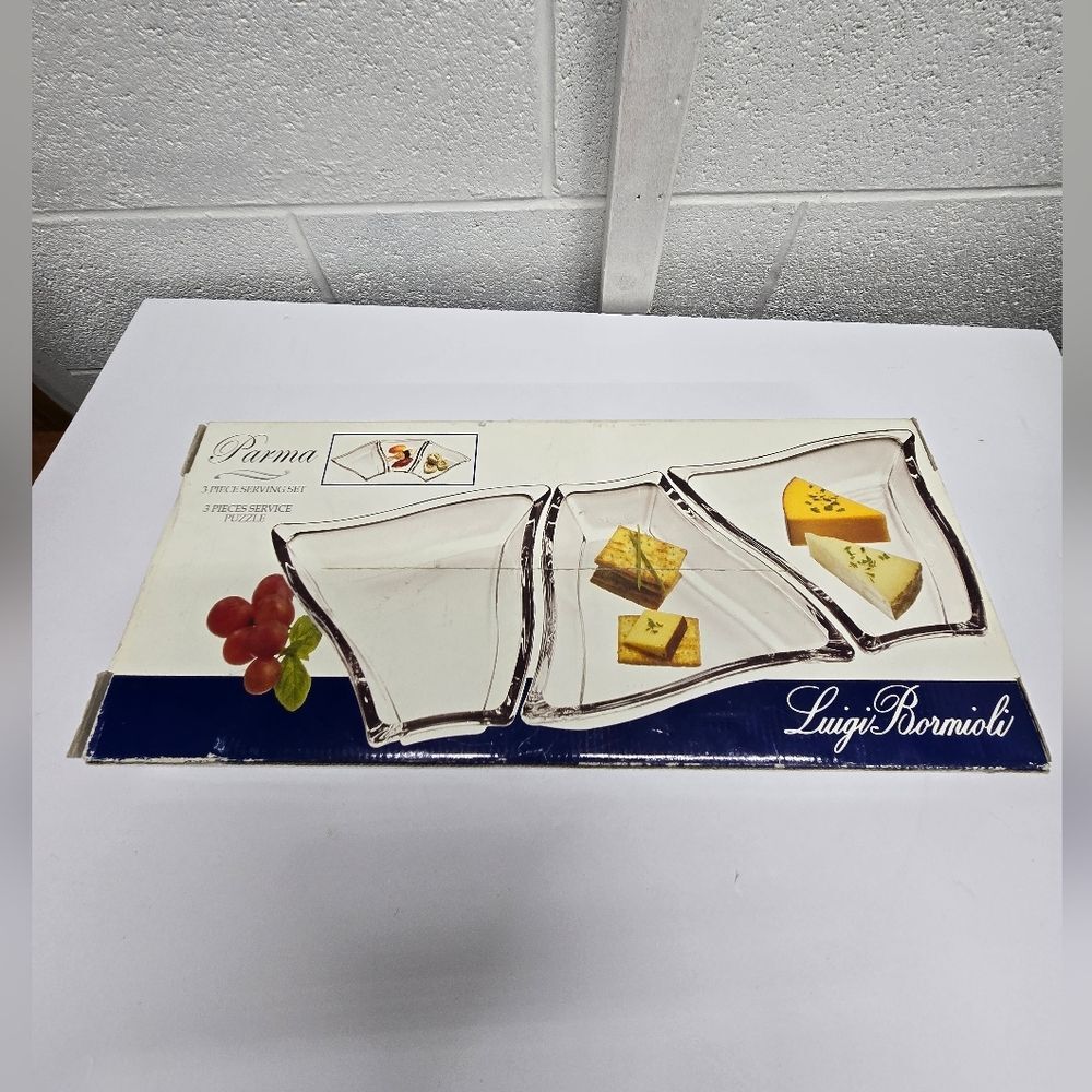 3 PIECE SERVING SET LUIGI BORMIOLI GLASS NIB